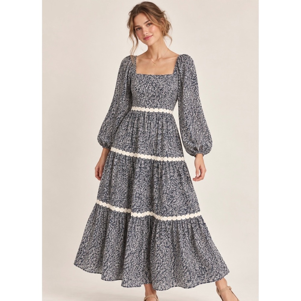 In February Floral Tiered Maxi Dress L Blue Ivory Square Neck Cottagecore Boho